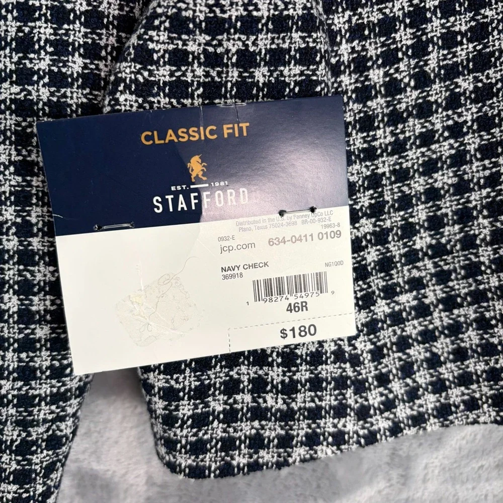 Stafford Houndstooth Sport Coat Blazer Men's 46R Blue White Classic Fit NWT